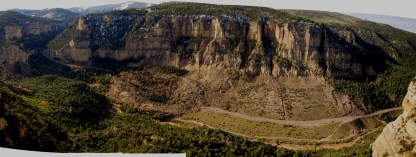 A panoramic view of the Cedar Canyon in Utah, with the landslide (The tiny road is the road I stood on in the next photo)